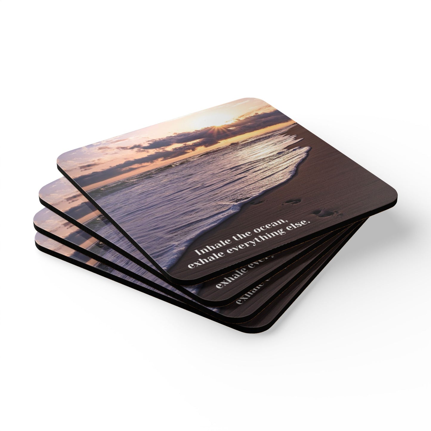 Inhale the Ocean, Beach Sunset - Corkwood Coaster Set