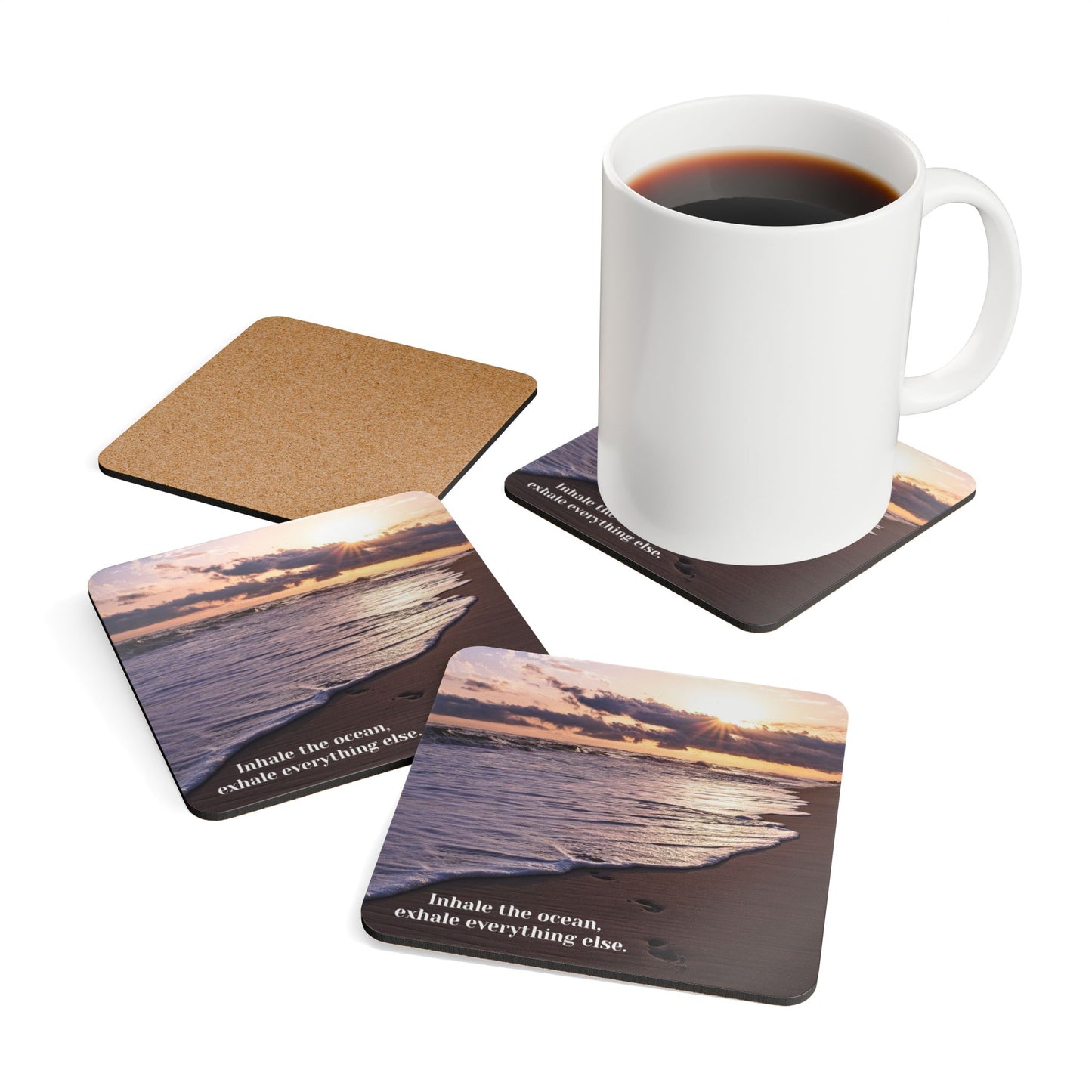 Inhale the Ocean, Beach Sunset - Corkwood Coaster Set